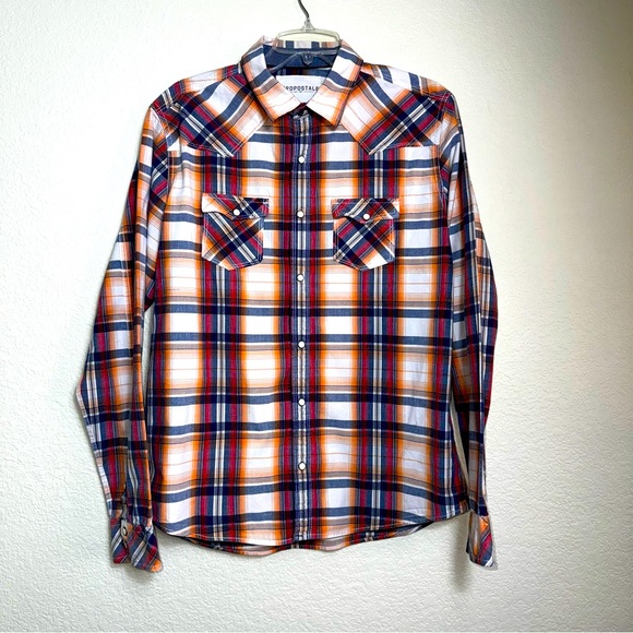 Aeropostale Men's Long Sleeve Western Plaid Orange/Blue Size L Snaps 2 Pockets‎ - Picture 1 of 5